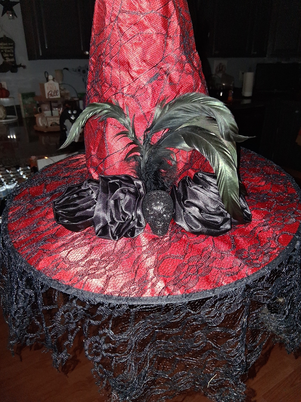 Red Lace Witch Hat with Black Feather & Rosette Trim - Picture 2 of 4